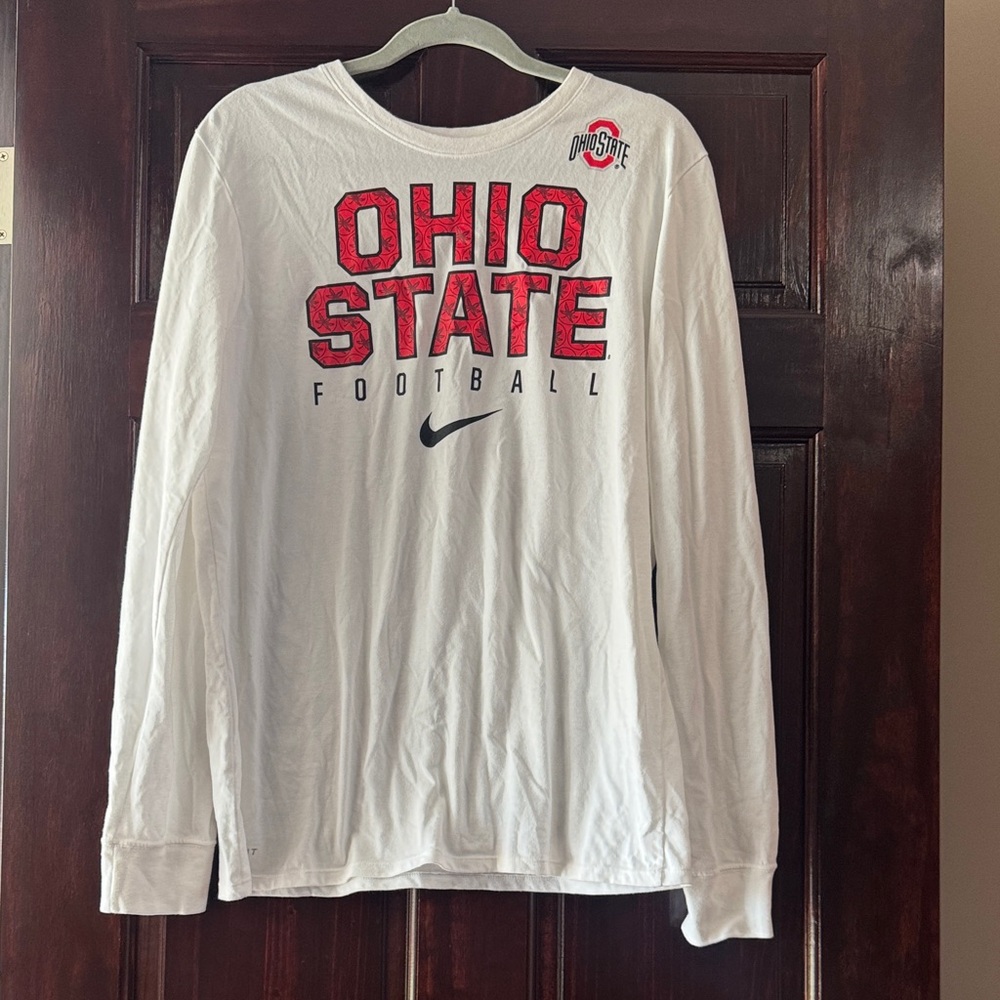 Nike White Long Sleeve Ohio State Football Tee with Red Logo
